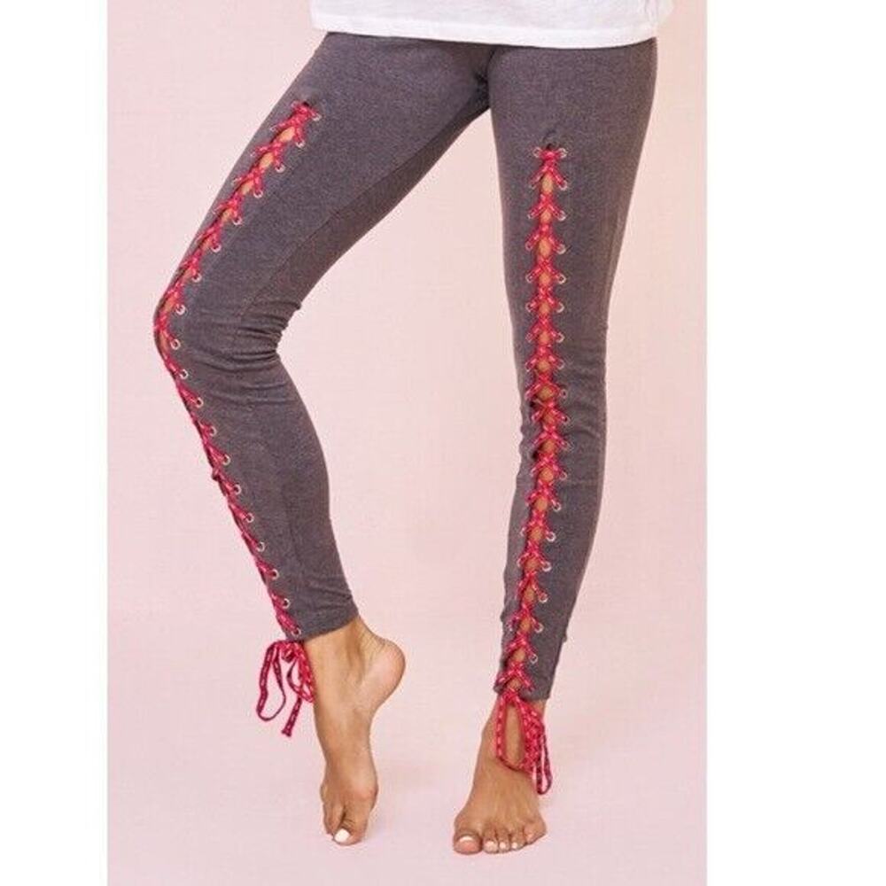 Pitusa Leggings Womens Small Gray Pink Lace Up High Rise Ankle Boho Stretch NWT